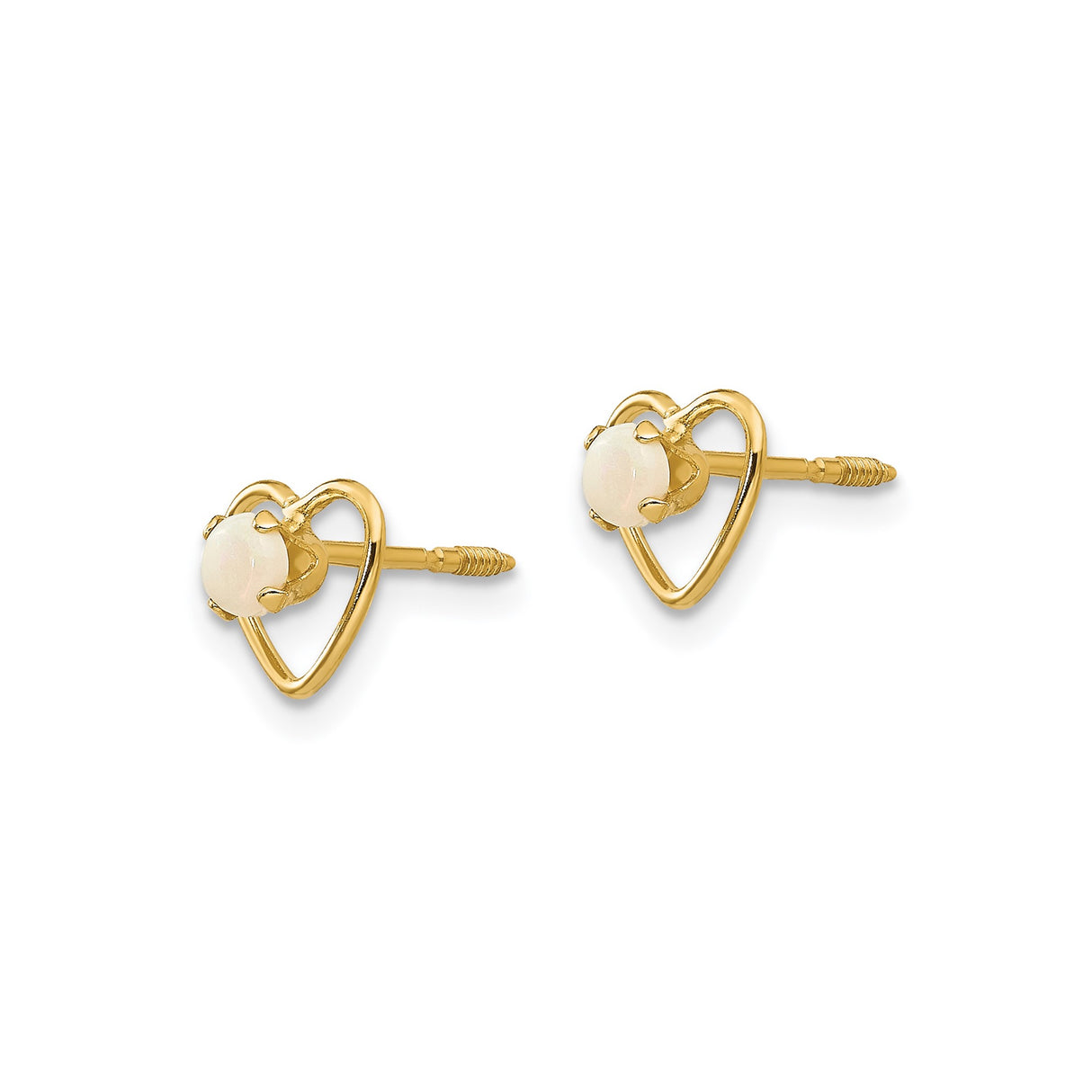 14k Yellow Gold Heart Stud Earrings with Created Opal Center, Screw Back
