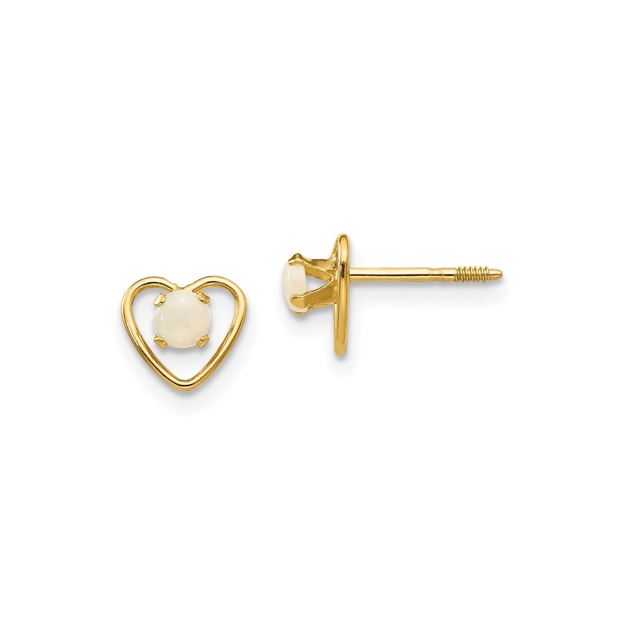 14k Yellow Gold Heart Stud Earrings with Created Opal Center, Screw Back