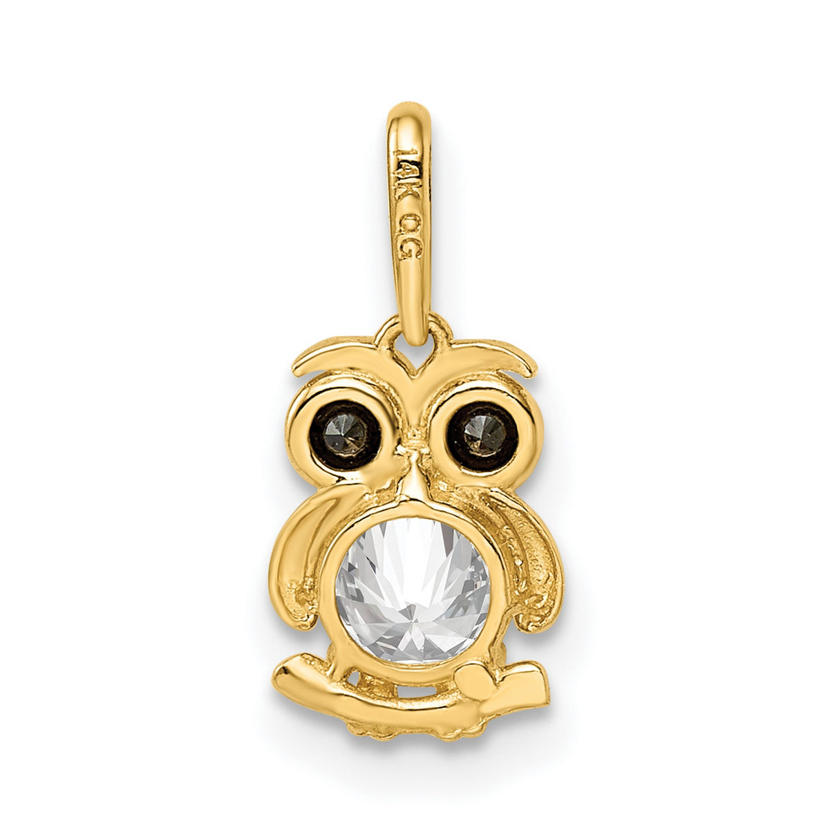 14k Yellow Gold Owl Pendant with Cubic Zirconia and Black Gemstone Eyes, Spiritual Animal Jewelry for Women