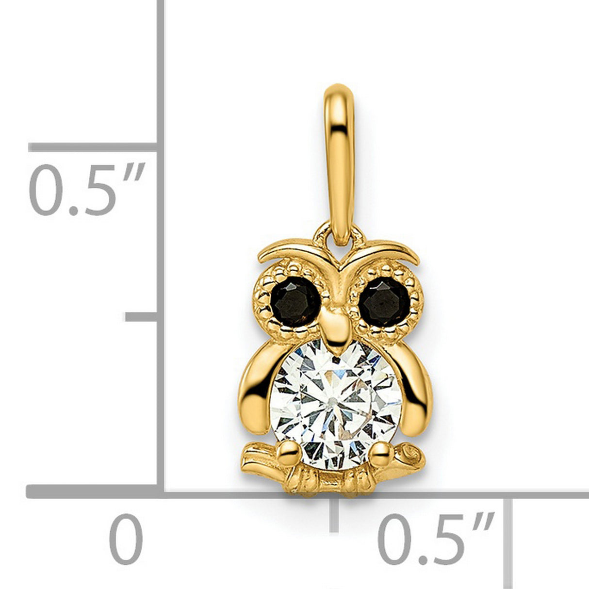 14k Yellow Gold Owl Pendant with Cubic Zirconia and Black Gemstone Eyes, Spiritual Animal Jewelry for Women