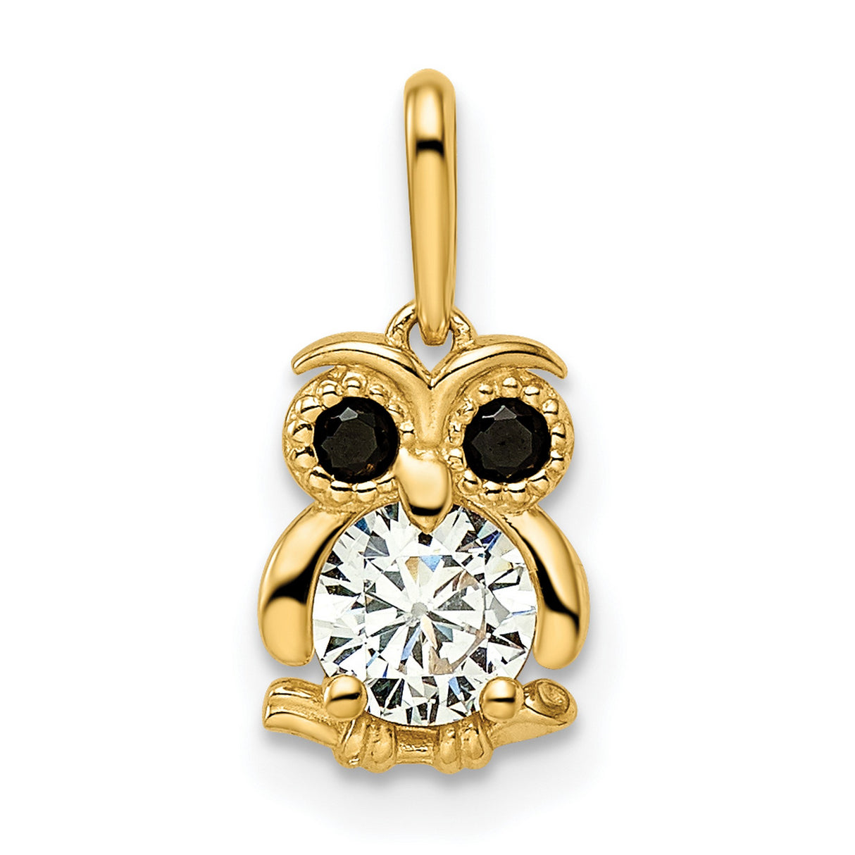 14k Yellow Gold Owl Pendant with Cubic Zirconia and Black Gemstone Eyes, Spiritual Animal Jewelry for Women