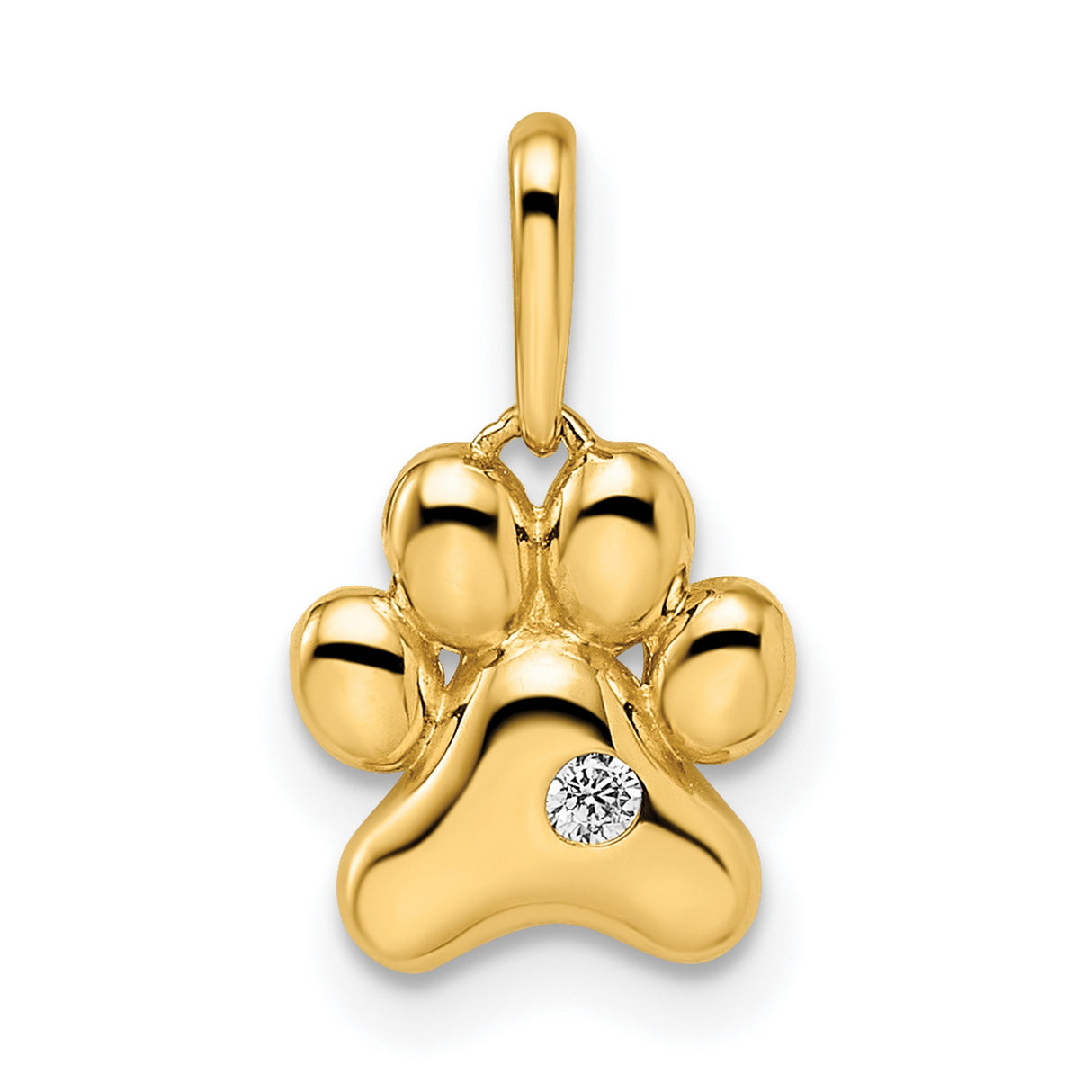 14k Yellow Gold Paw Print Pendant with Cubic Zirconia, Polished Pet Charm for Animal Lovers