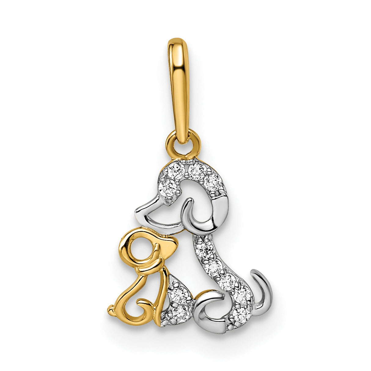 14k Multi-Tone Gold Dog and Puppy Pendant with Cubic Zirconia, Animal Outline Charm