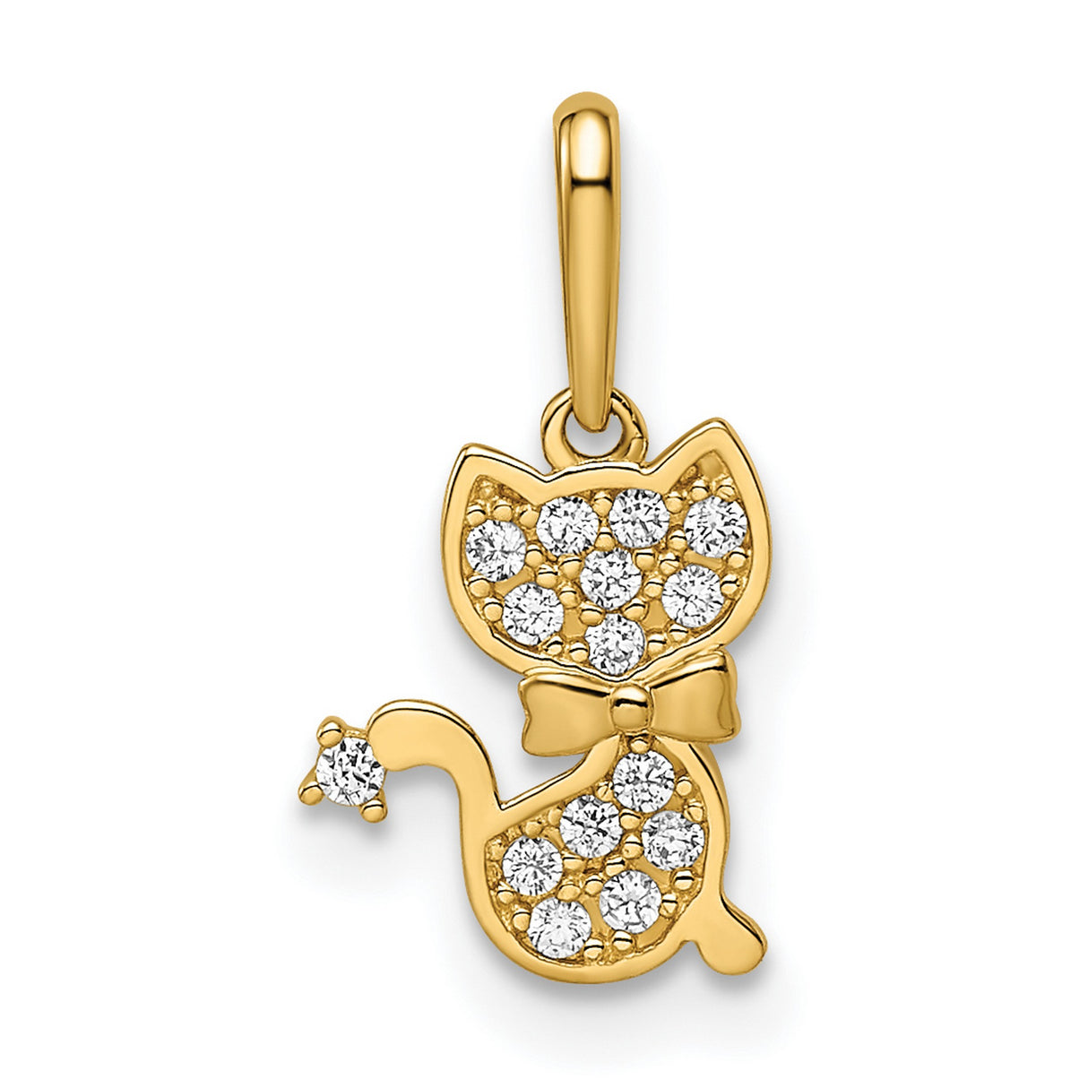 14k Yellow Gold Cat Pendant with Cubic Zirconia Accents and Bowtie Detail