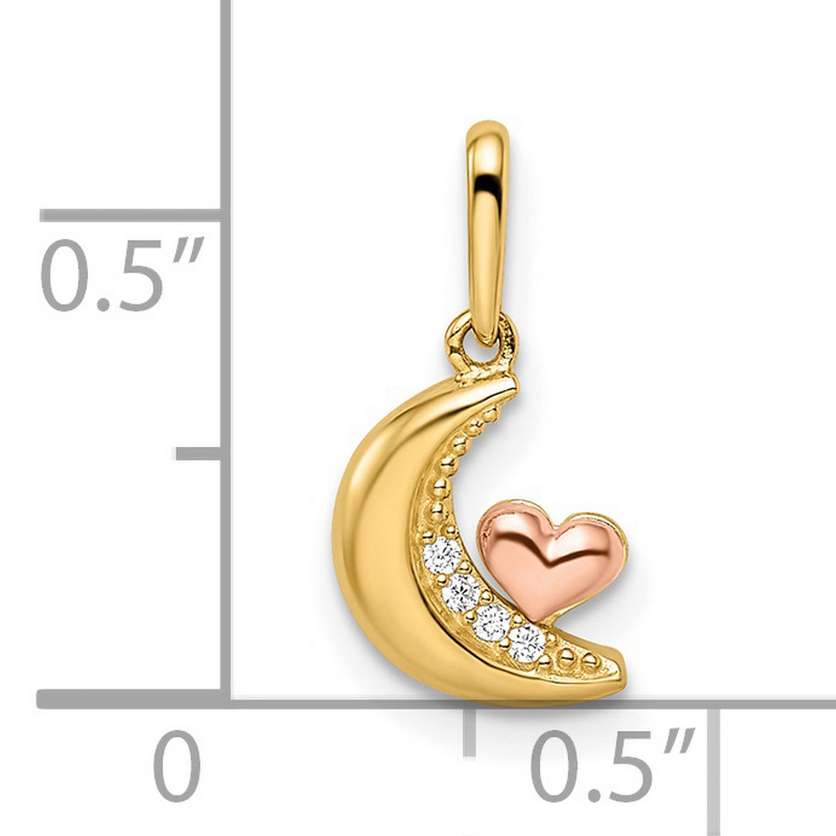14k Two-Tone Gold Moon and Heart Pendant with Cubic Zirconia, Romantic Symbolic Jewelry Charm