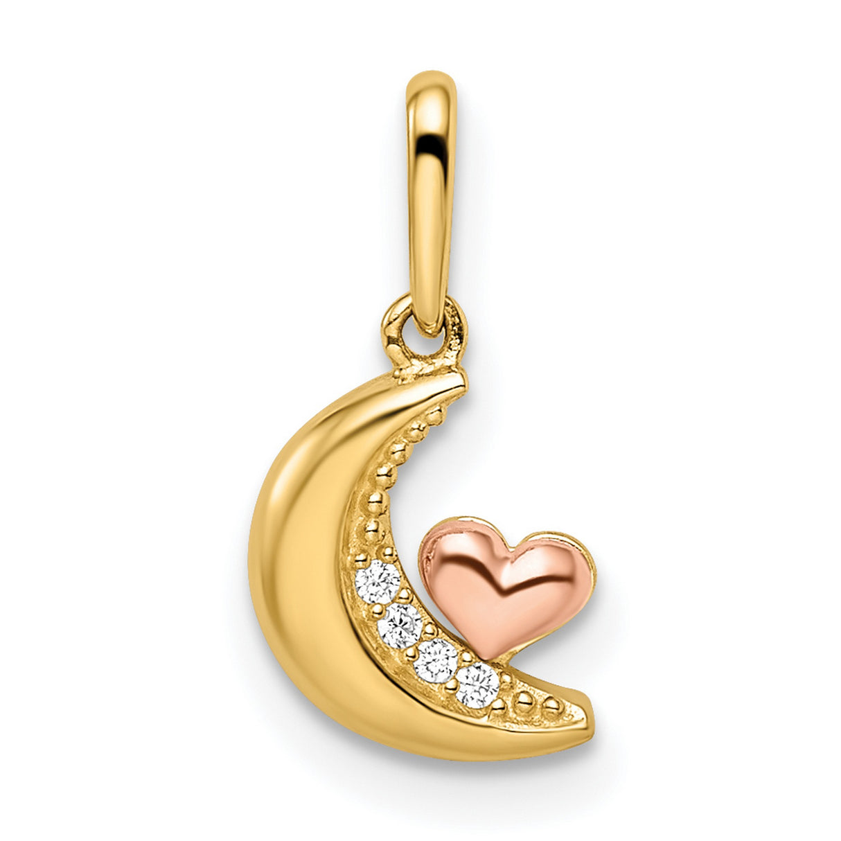 14k Two-Tone Gold Moon and Heart Pendant with Cubic Zirconia, Romantic Symbolic Jewelry Charm