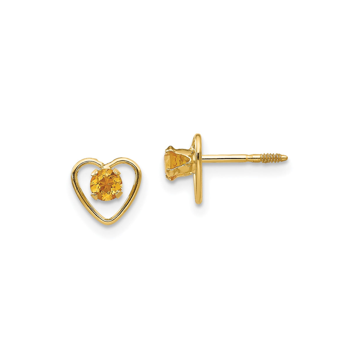 14k Yellow Gold Open Heart Stud Earrings with Citrine Gemstone, Romantic Jewelry for Women