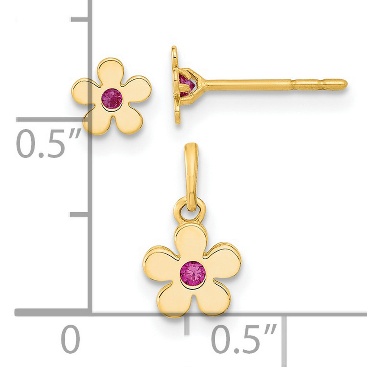 Childrens CZ Flower Post Earrings and Flower Set Charm Pendant in Real 14k Yellow Gold