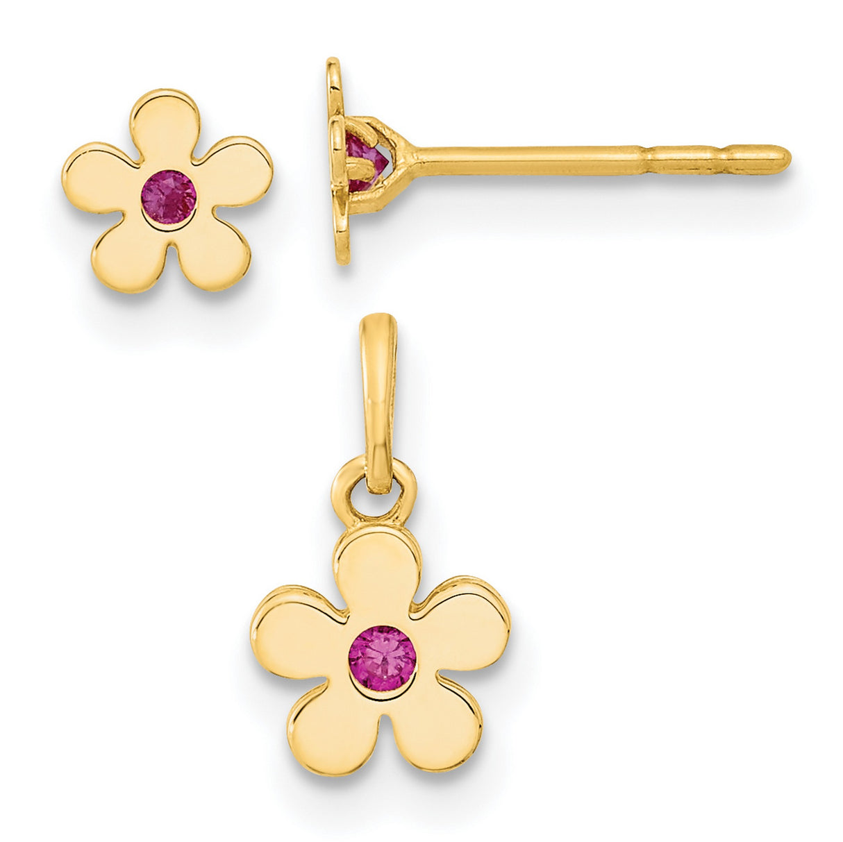 Childrens CZ Flower Post Earrings and Flower Set Charm Pendant in Real 14k Yellow Gold