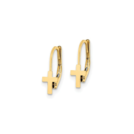 14k Yellow Gold Cross Leverback Earrings, Polished Religious Dangle Jewelry for Men and Women