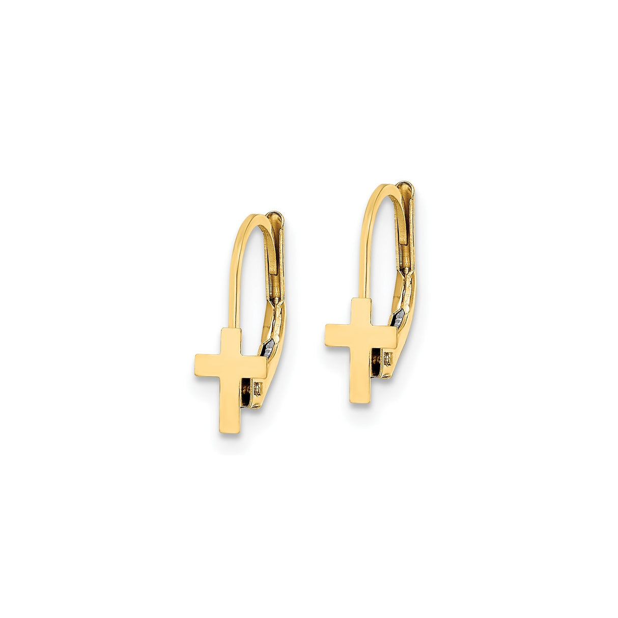 14k Yellow Gold Cross Leverback Earrings, Polished Religious Dangle Jewelry for Men and Women