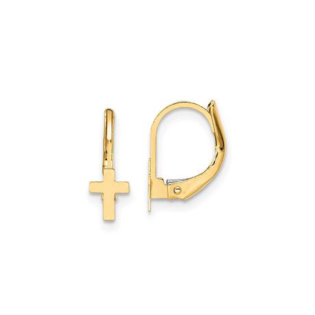 14k Yellow Gold Cross Leverback Earrings, Polished Religious Dangle Jewelry for Men and Women