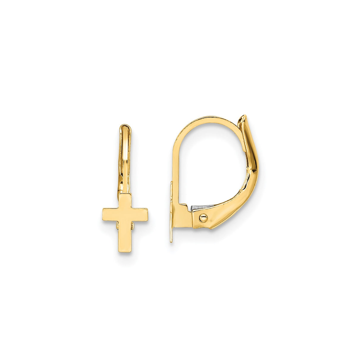 14k Yellow Gold Cross Leverback Earrings, Polished Religious Dangle Jewelry for Men and Women