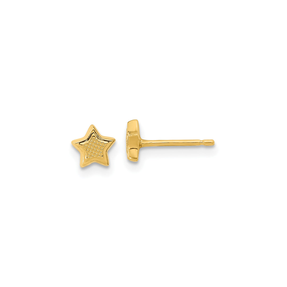 14k Yellow Gold Star Stud Earrings with Textured Center Design, Dainty Minimalist Style