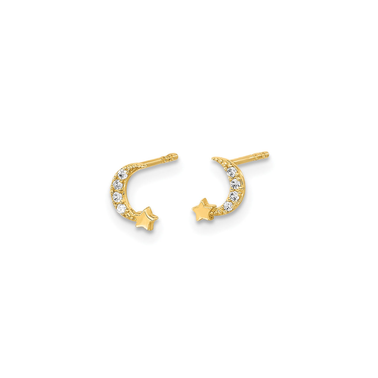 14k Yellow Gold Crescent Moon and Star Stud Earrings with Cubic Zirconia Accents