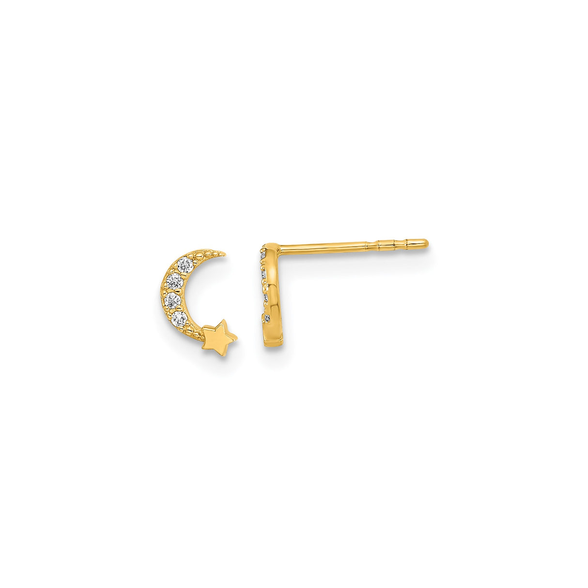 14k Yellow Gold Crescent Moon and Star Stud Earrings with Cubic Zirconia Accents