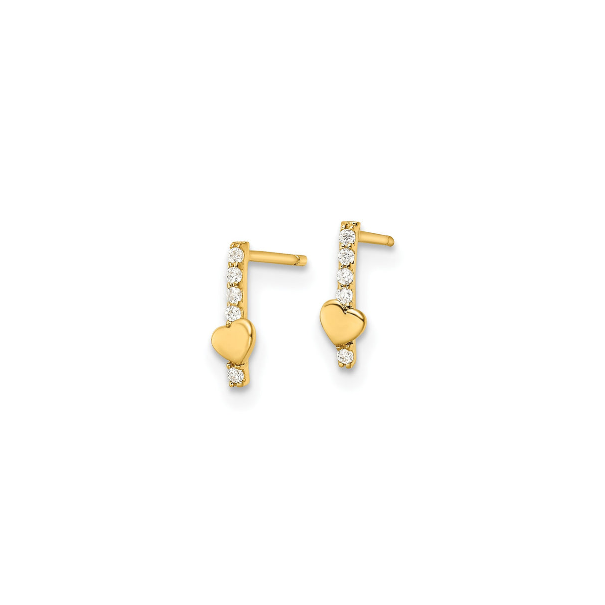 14k Yellow Gold Heart Stud Earrings with Cubic Zirconia Vertical Row Design
