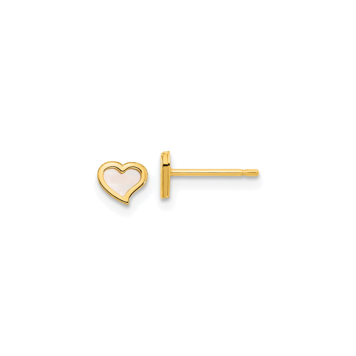 14k Yellow Gold Heart Stud Earrings with Mother of Pearl Inlay, Delicate Minimalist Design