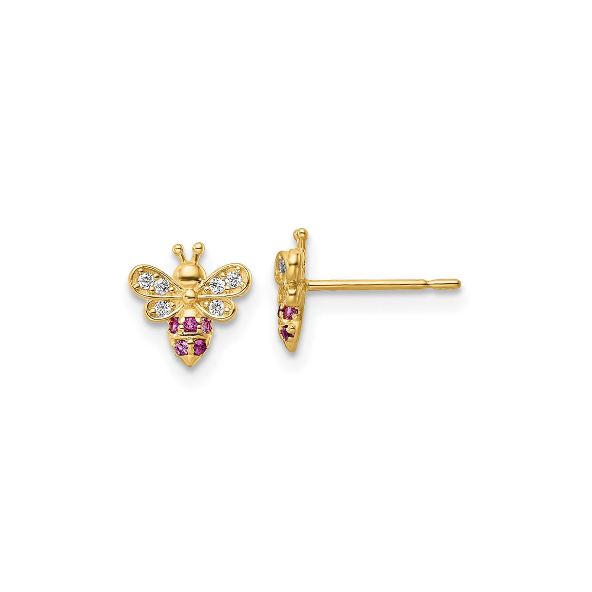 14k Yellow Gold Bee Stud Earrings with Cubic Zirconia, Nature-Inspired Whimsical Design for Women