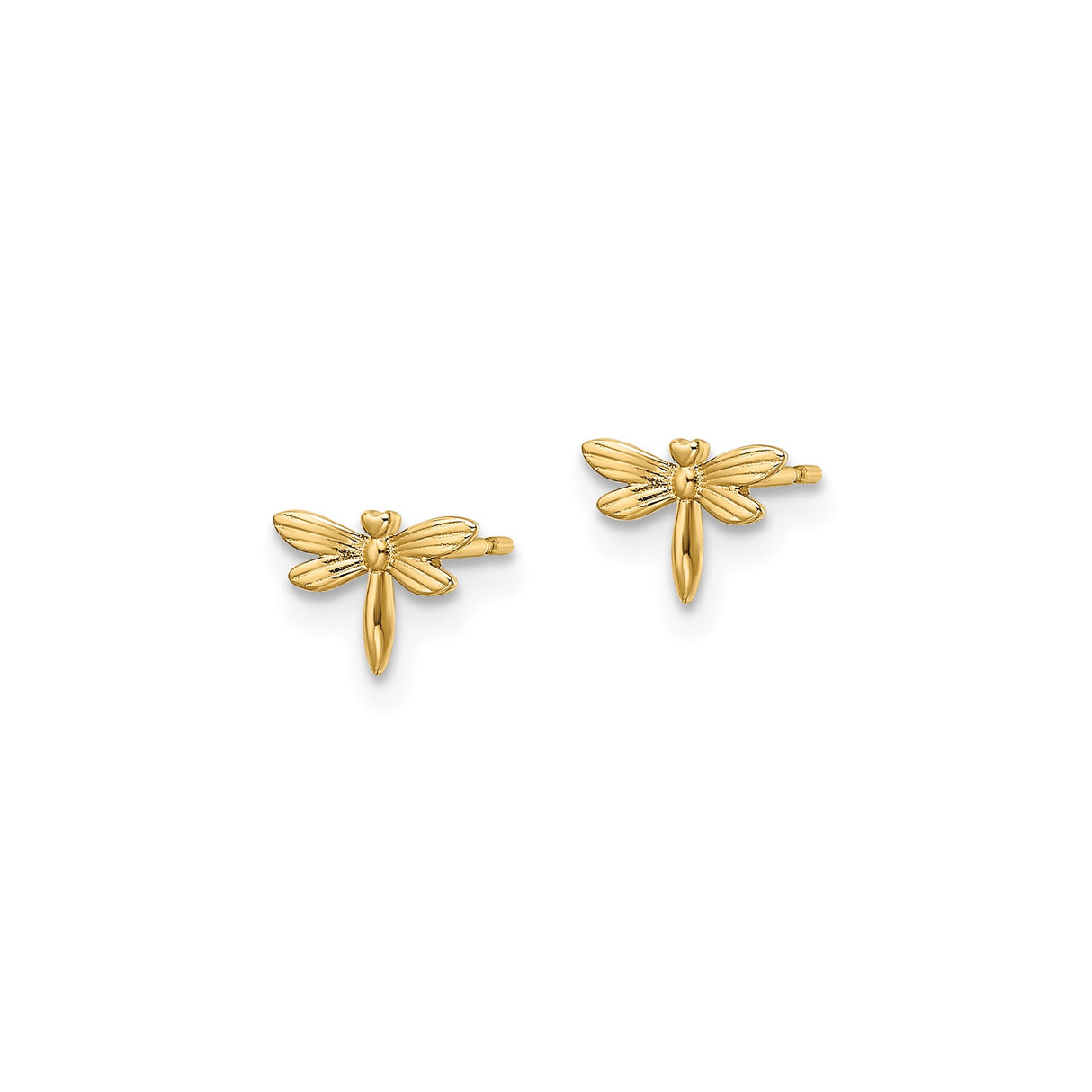 14k Yellow Gold Dragonfly Stud Earrings with Textured Wings, Nature Inspired Insect Design