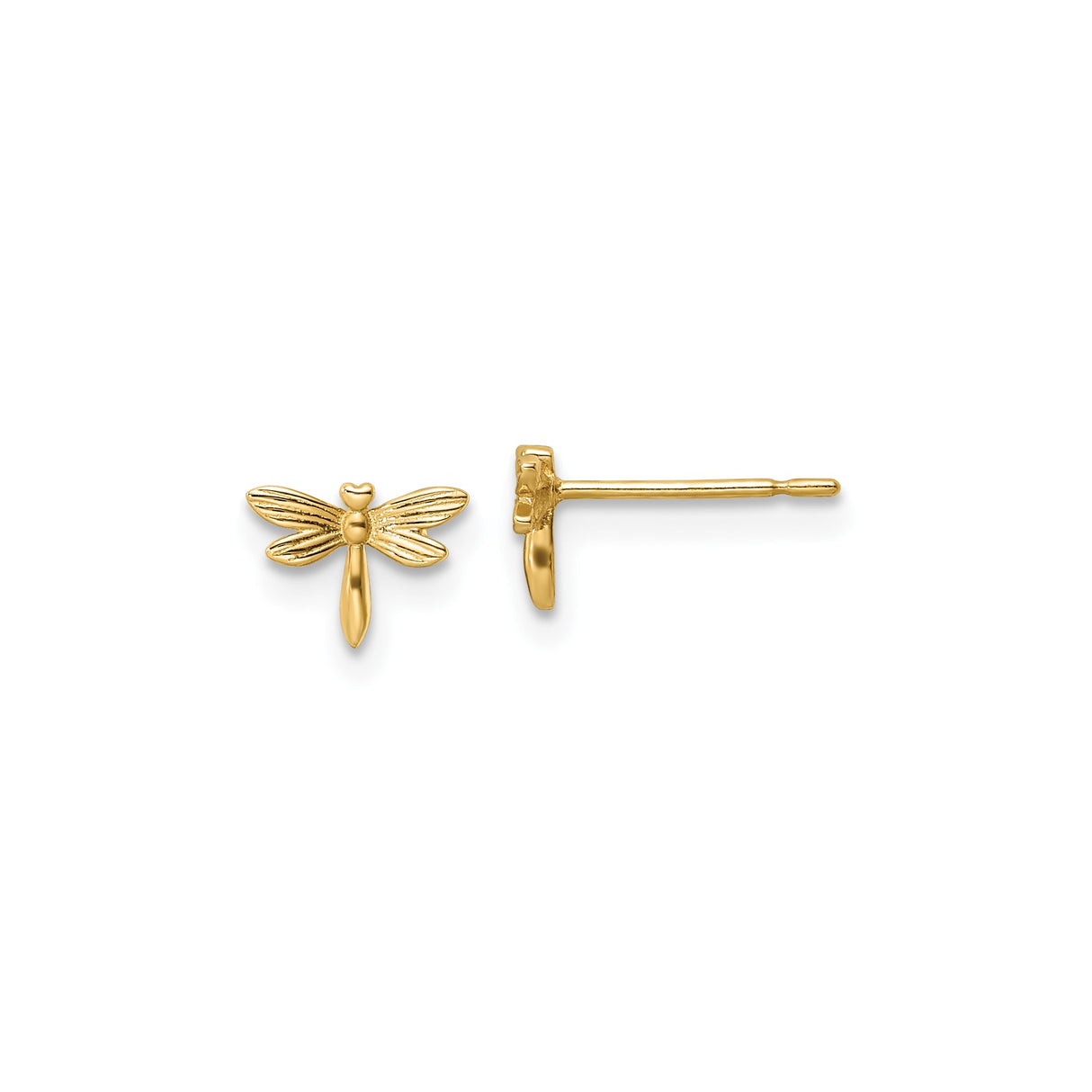 14k Yellow Gold Dragonfly Stud Earrings with Textured Wings, Nature Inspired Insect Design