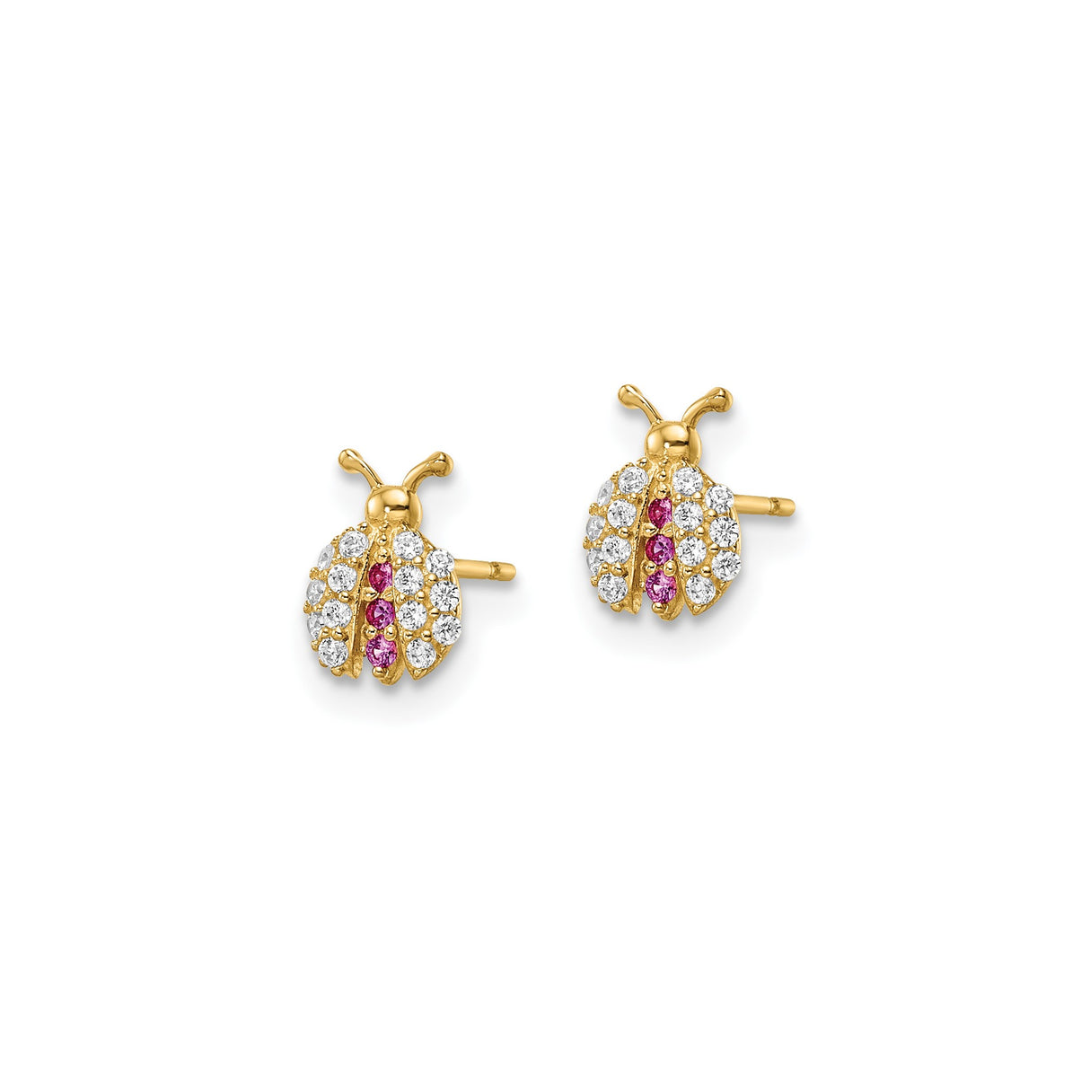 14k Yellow Gold Ladybug Stud Earrings with Pink and Clear Cubic Zirconia