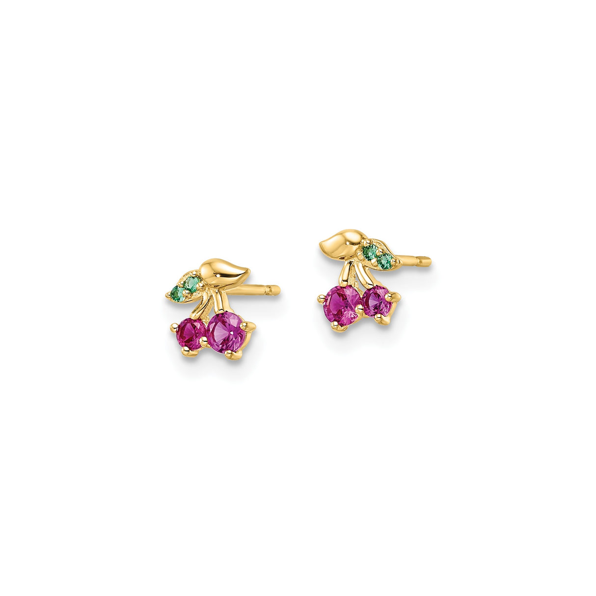 14k Yellow Gold Cherry Stud Earrings with Cubic Zirconia, Whimsical Fruit Style for Girls or Women