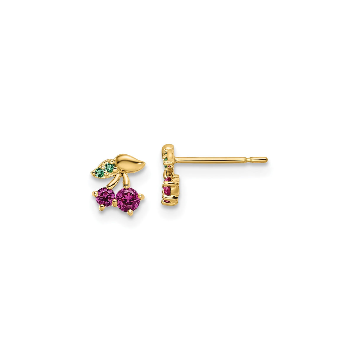 14k Yellow Gold Cherry Stud Earrings with Cubic Zirconia, Whimsical Fruit Style for Girls or Women