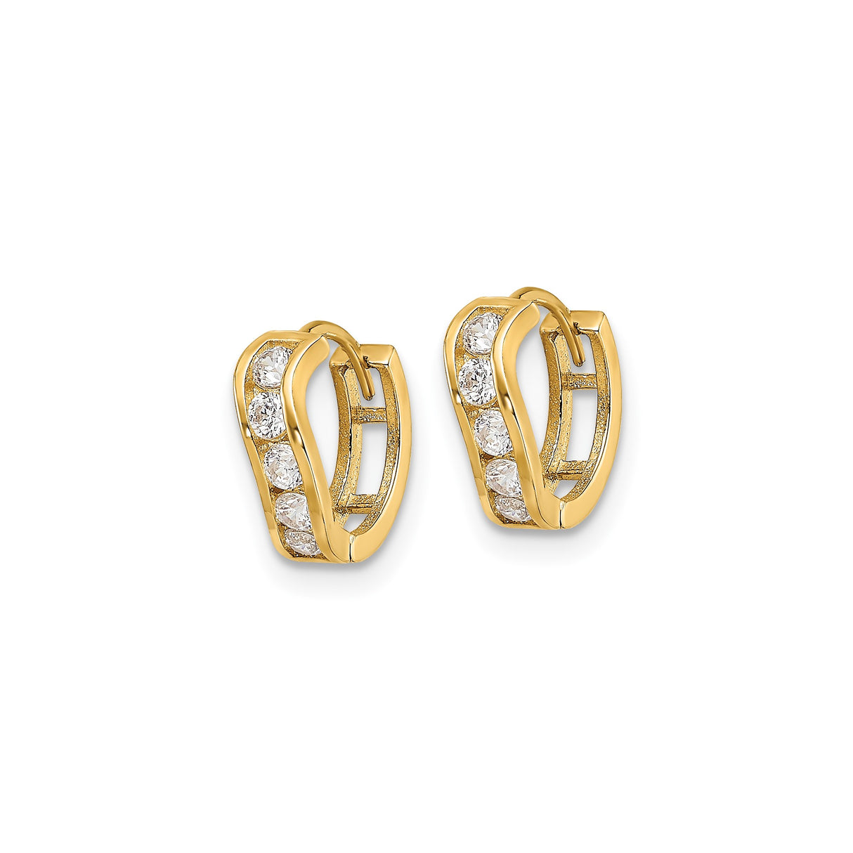 14k Yellow Gold Hoop Earrings with Cubic Zirconia, Wave Design, Small Huggie Style for Women