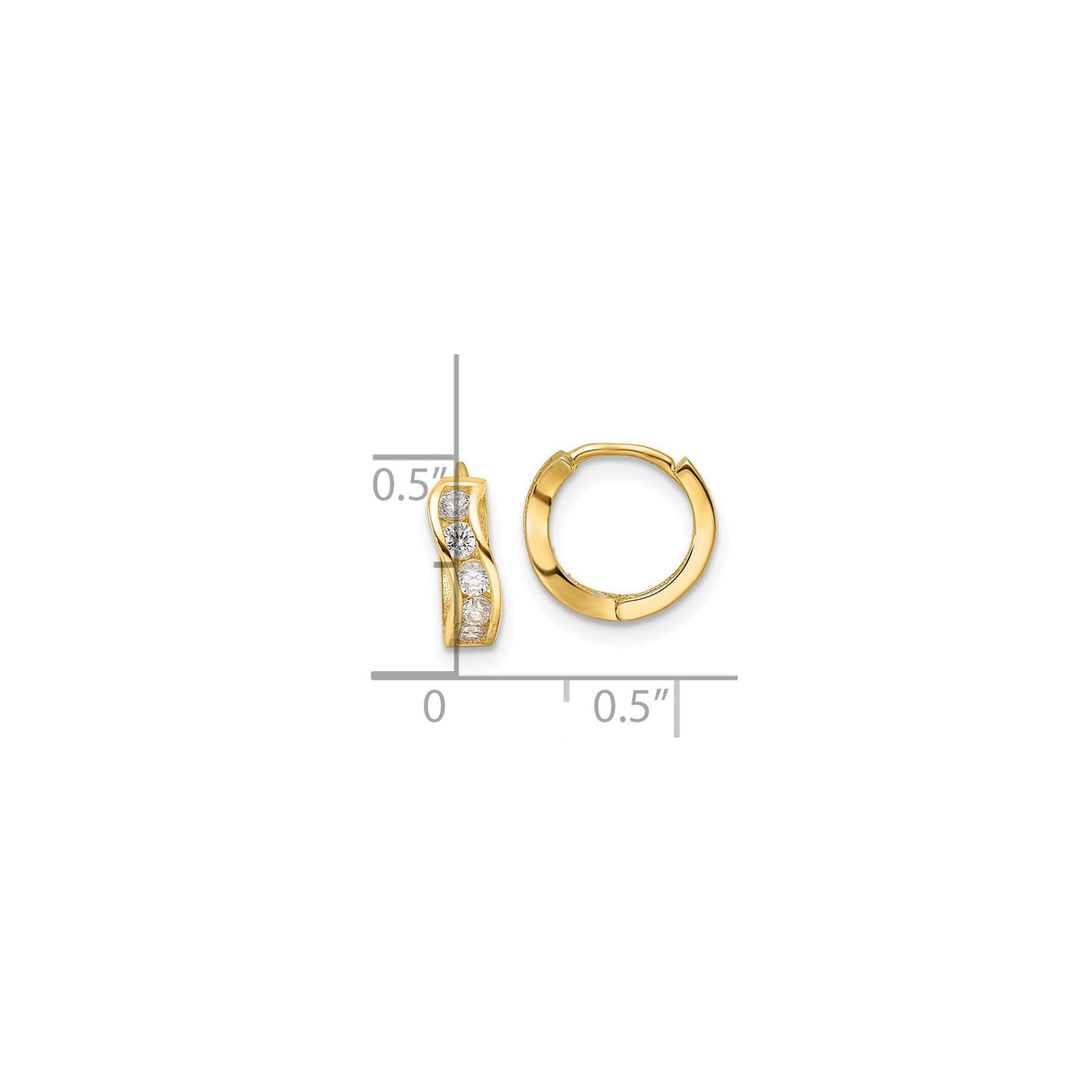 14k Yellow Gold Hoop Earrings with Cubic Zirconia, Wave Design, Small Huggie Style for Women