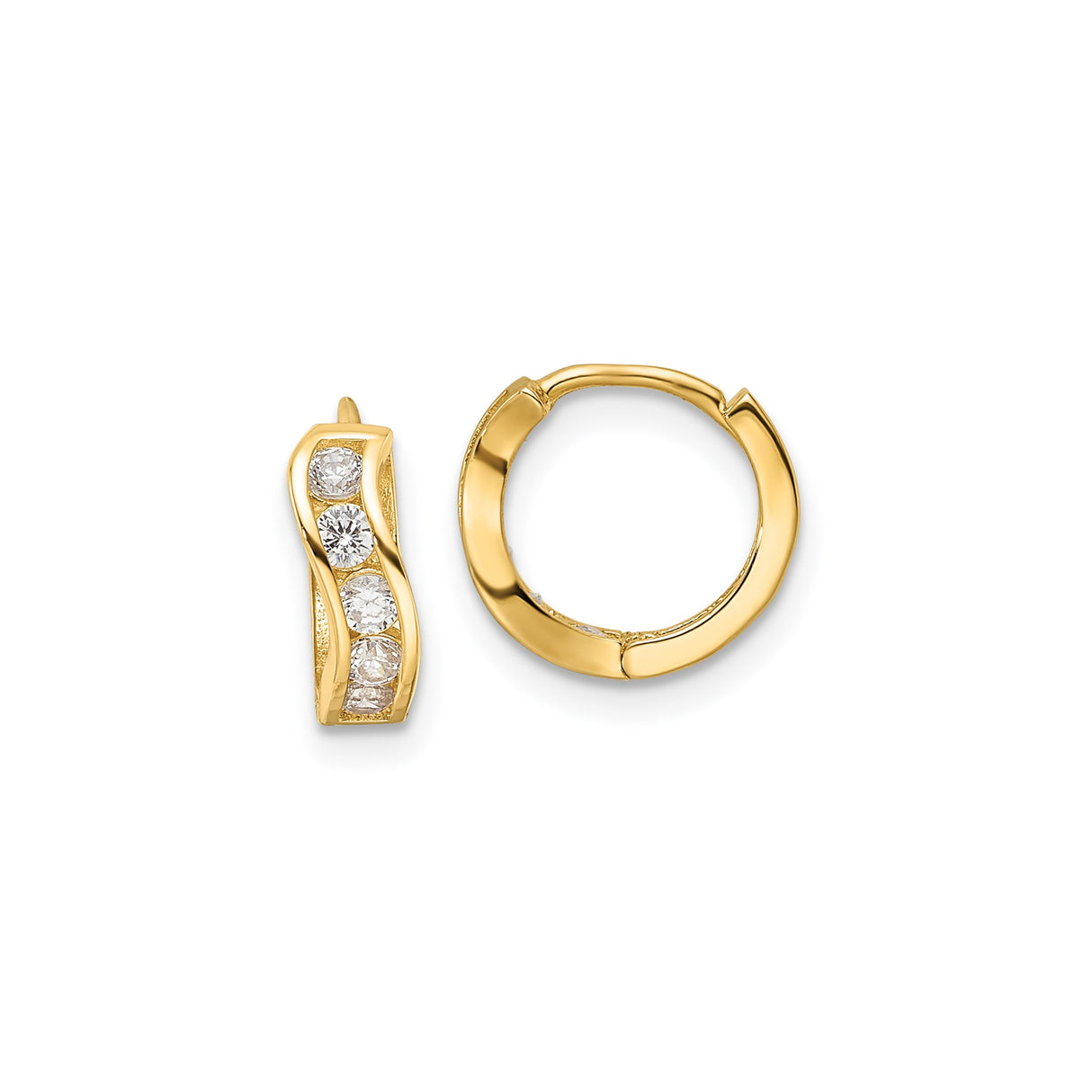 14k Yellow Gold Hoop Earrings with Cubic Zirconia, Wave Design, Small Huggie Style for Women