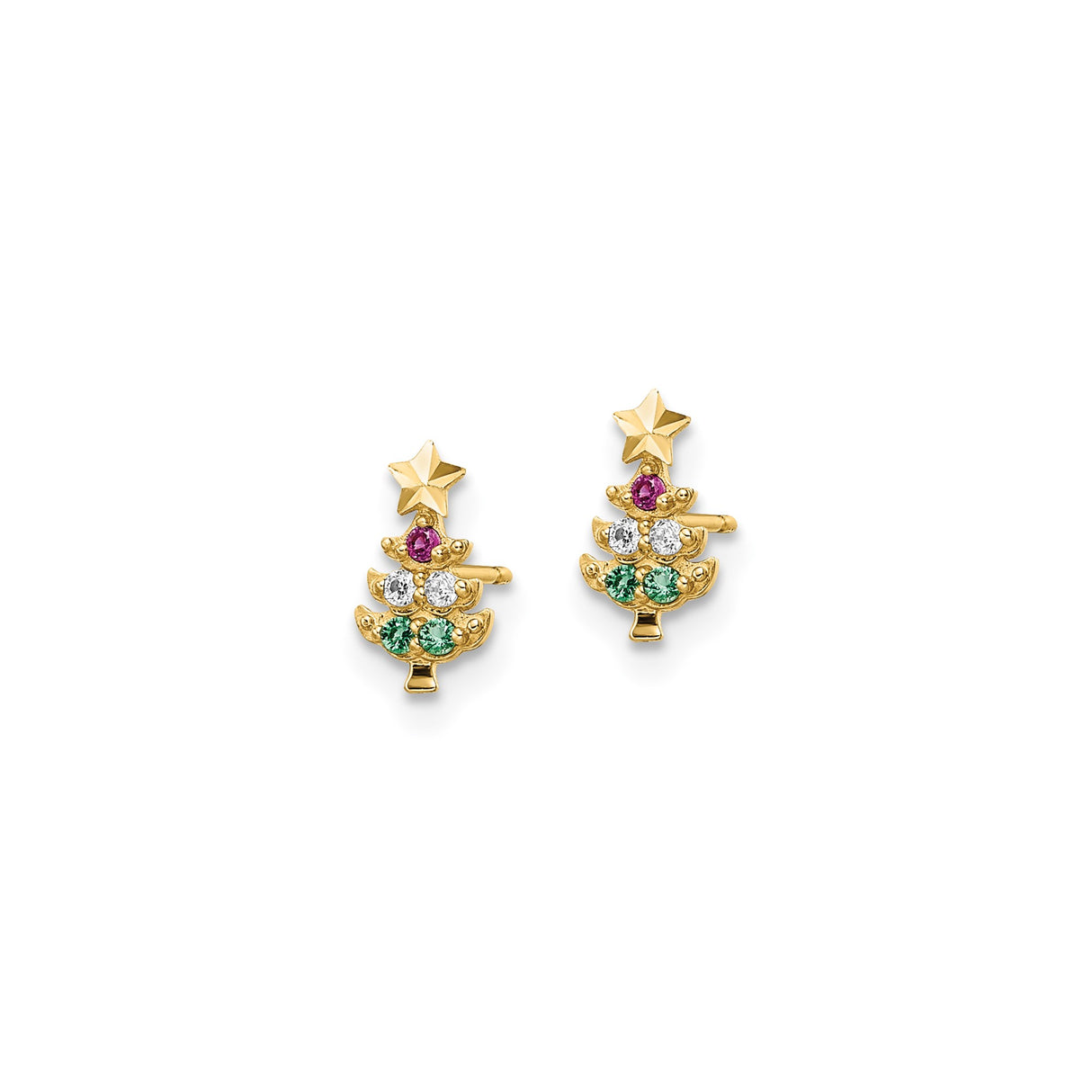 14k Yellow Gold Christmas Tree Stud Earrings with Cubic Zirconia and Star Topper