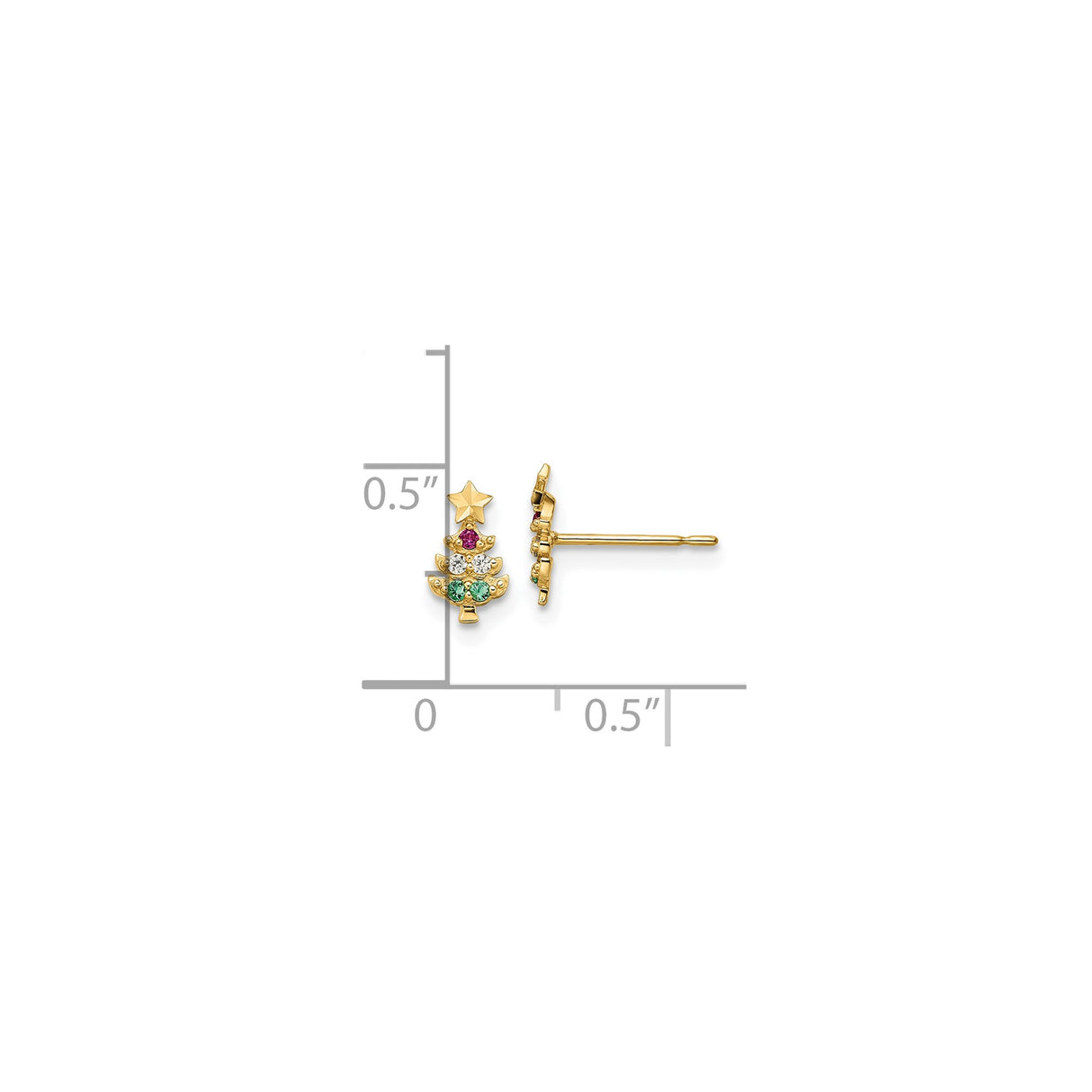 14k Yellow Gold Christmas Tree Stud Earrings with Cubic Zirconia and Star Topper