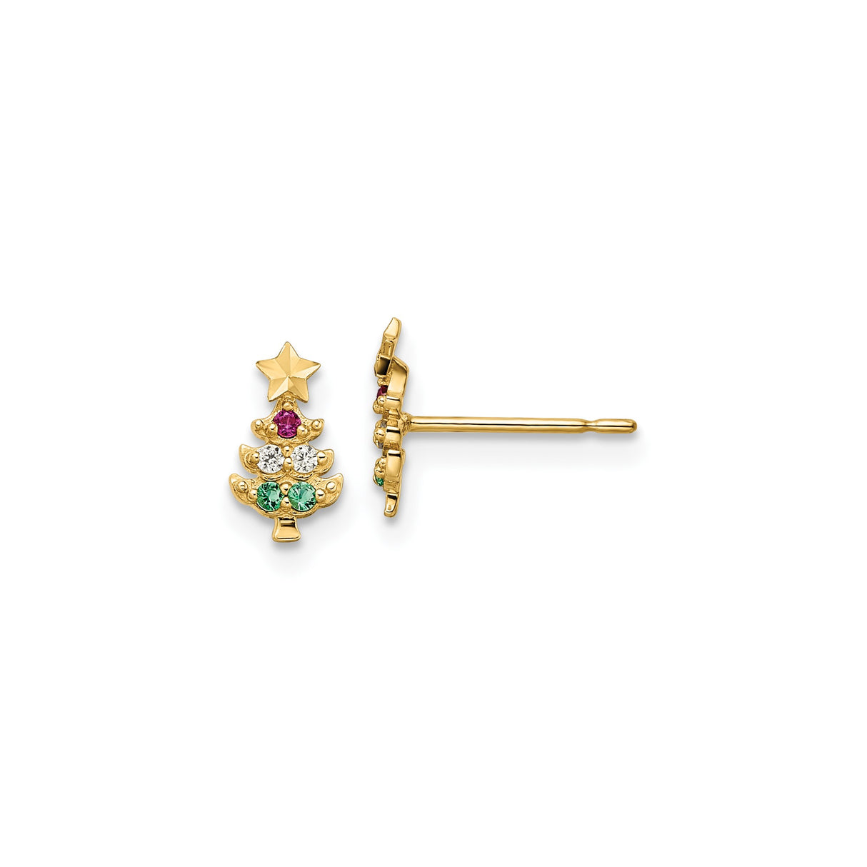 14k Yellow Gold Christmas Tree Stud Earrings with Cubic Zirconia and Star Topper