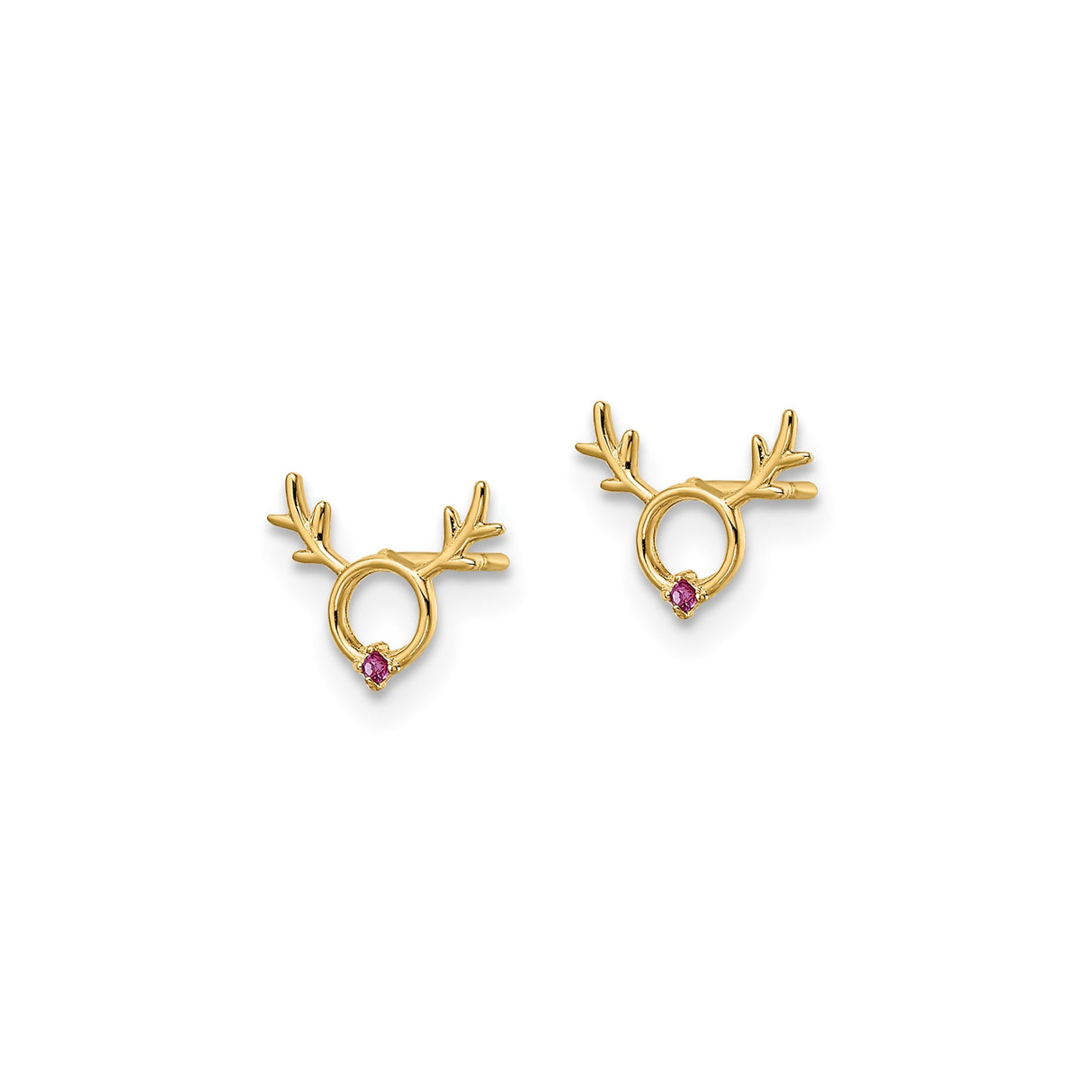 14k Yellow Gold Reindeer Antler Stud Earrings with Cubic Zirconia, Winter Holiday Theme