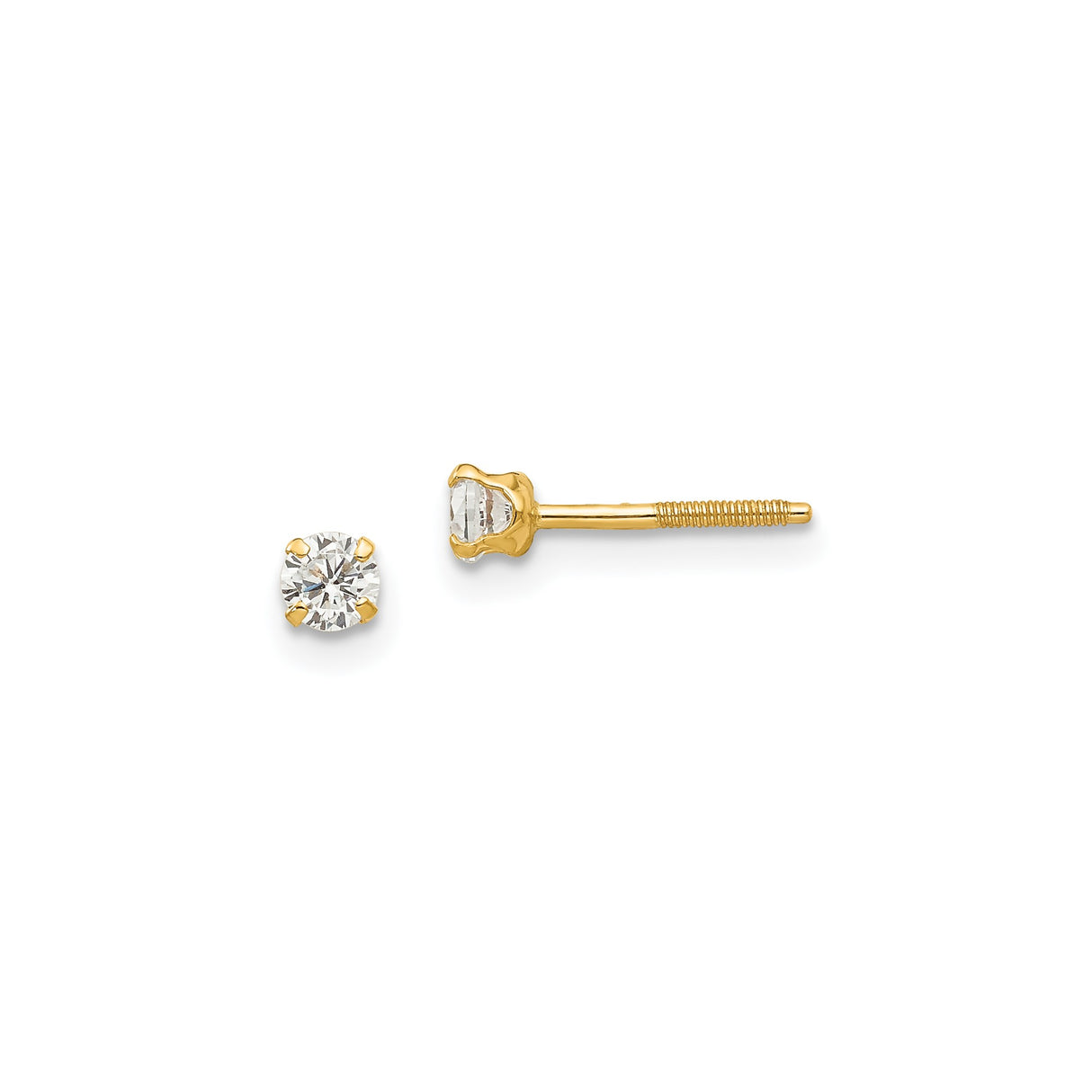 14k Yellow Gold Stud Earrings with Round Cubic Zirconia in Four Prong Setting, Minimalist Design