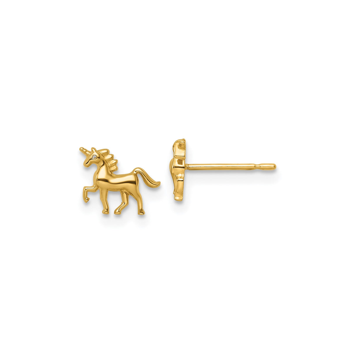 14k Yellow Gold Unicorn Stud Earrings, Whimsical Fantasy Design for Women or Girls