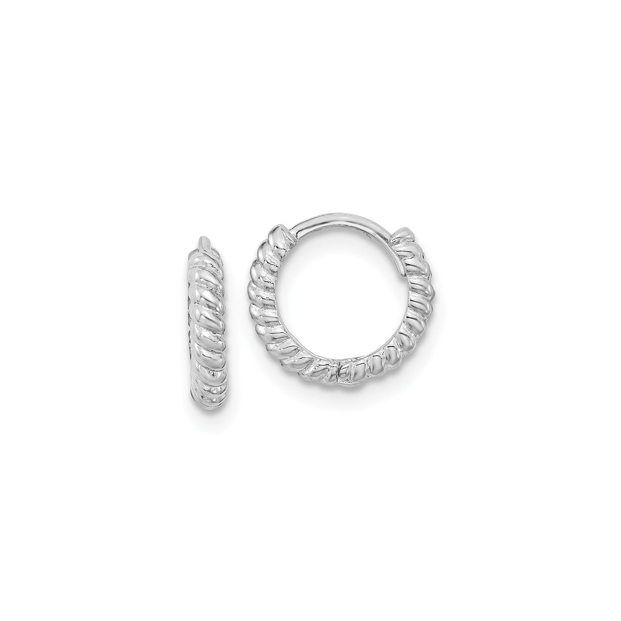 14k White Gold Twisted Rope Hoop Earrings, Small Textured High Polish Hoops for Women