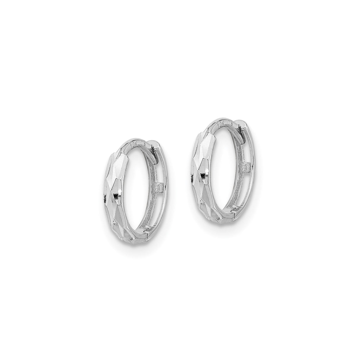 14k White Gold Hoop Earrings with Faceted Diamond Cut Design, Small Lightweight Style for Women