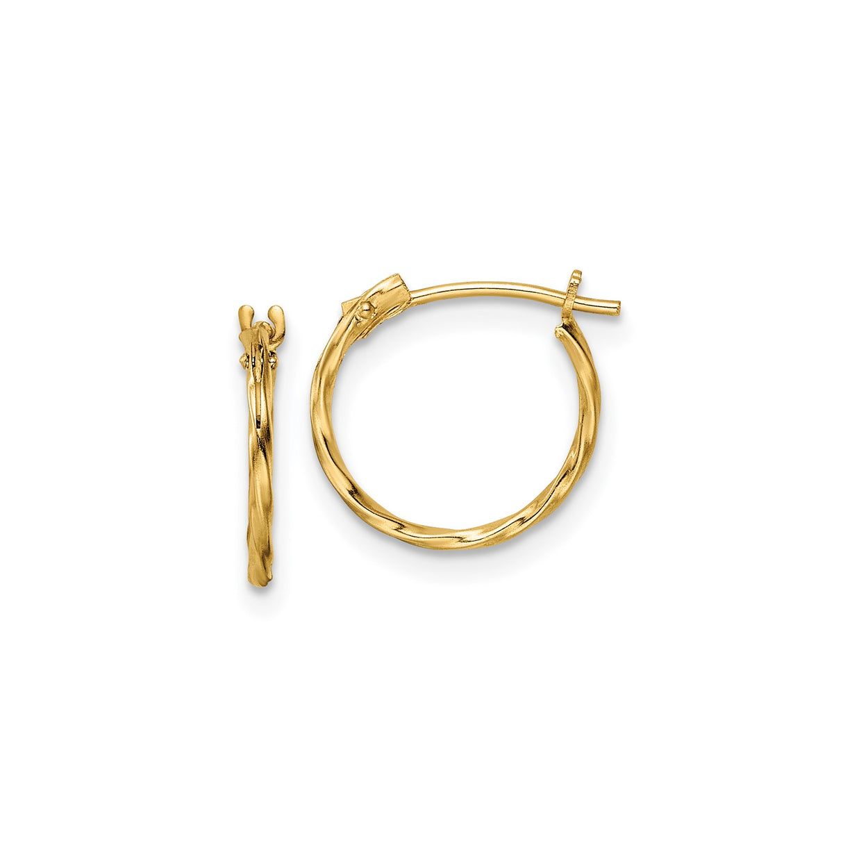 14k Yellow Gold Hoop Earrings, Twisted Polished Design, Medium Lightweight Round Style
