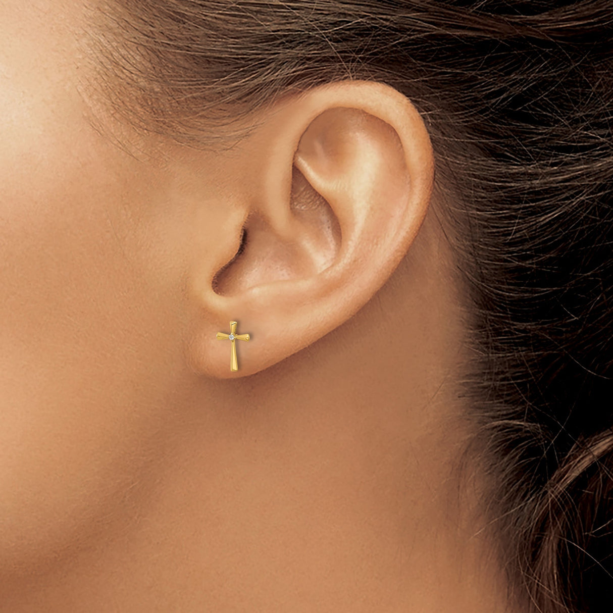 14k Yellow Gold Cross Pendant with Cubic Zirconia, Polished Modern Religious Design