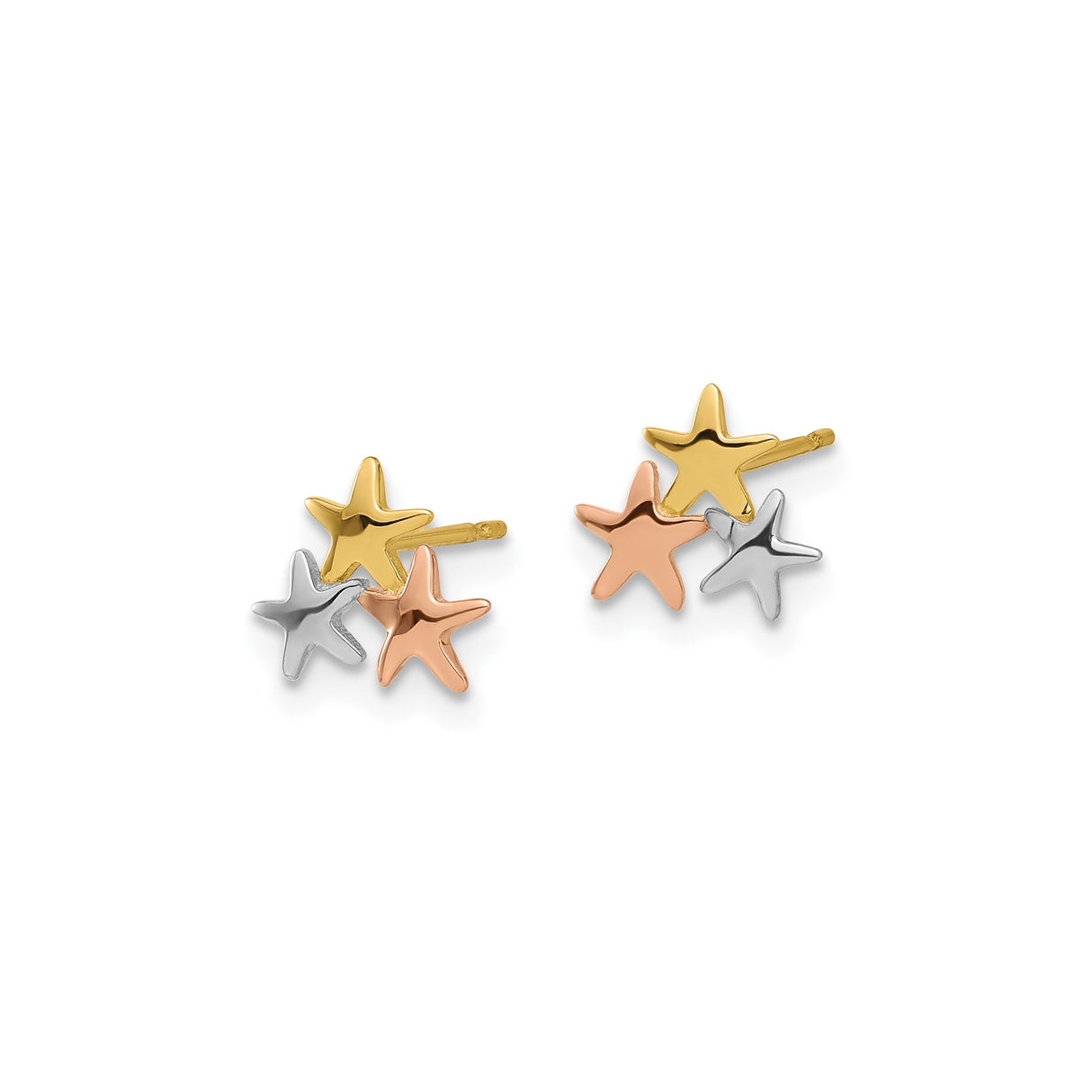 14k Yellow, White, and Rose Gold Starfish Stud Earrings, Tricolor Nautical Design for Women