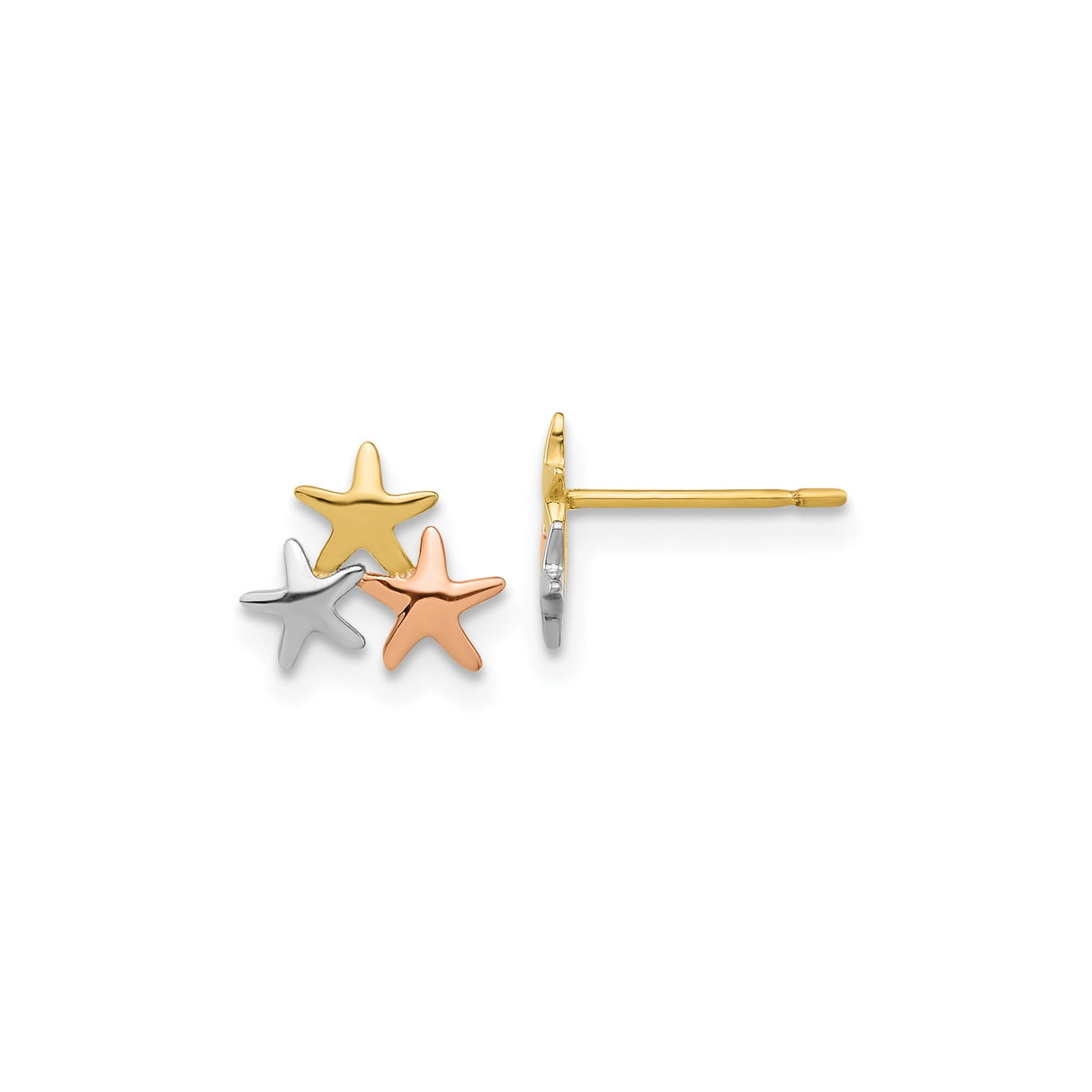 14k Yellow, White, and Rose Gold Starfish Stud Earrings, Tricolor Nautical Design for Women