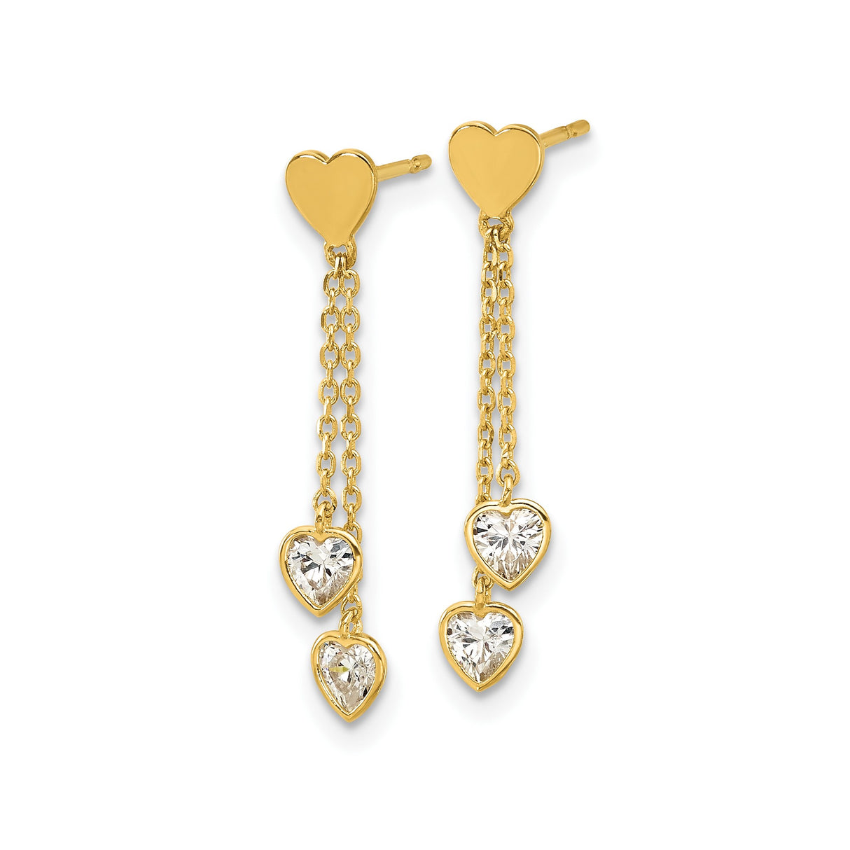 14k Yellow Gold Heart Dangle Earrings with Cubic Zirconia on Delicate Chains