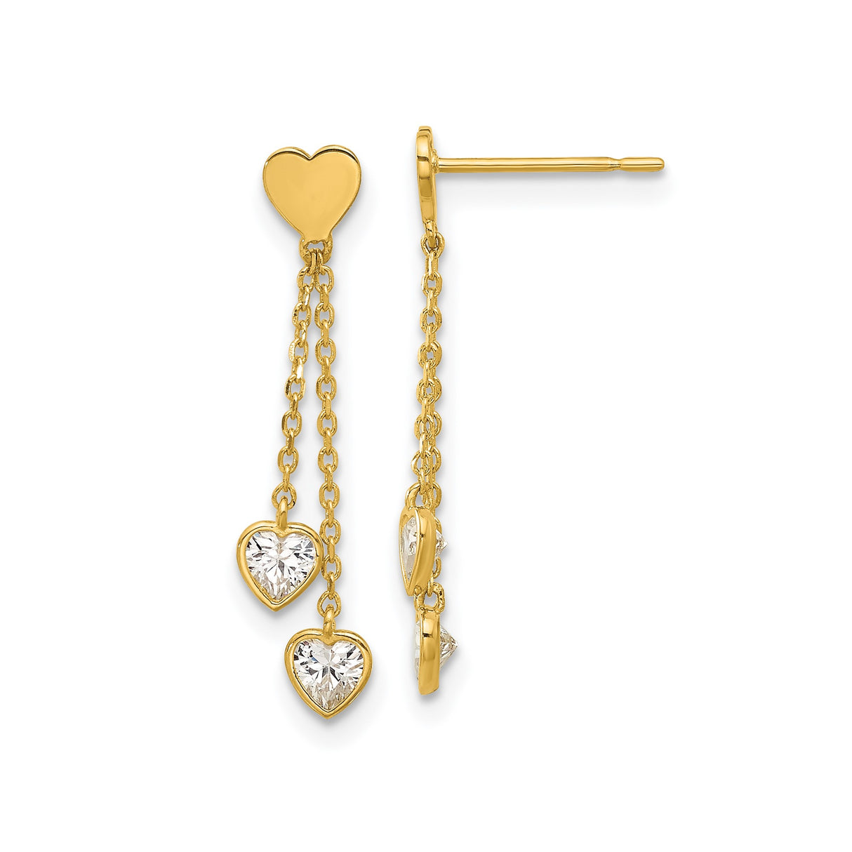 14k Yellow Gold Heart Dangle Earrings with Cubic Zirconia on Delicate Chains