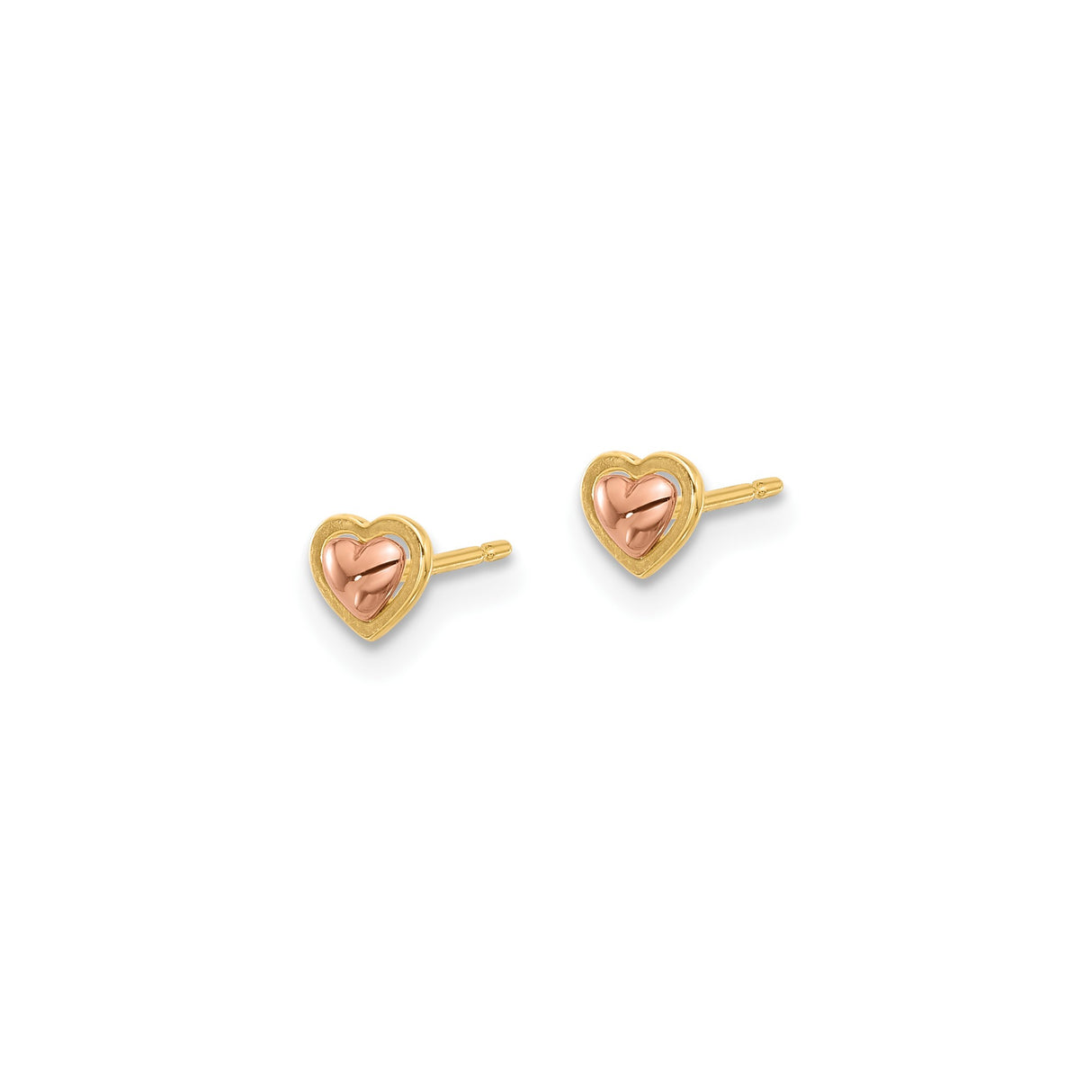 14k Yellow and Rose Gold Heart Stud Earrings, Two-Tone Petite Romantic Style for Women