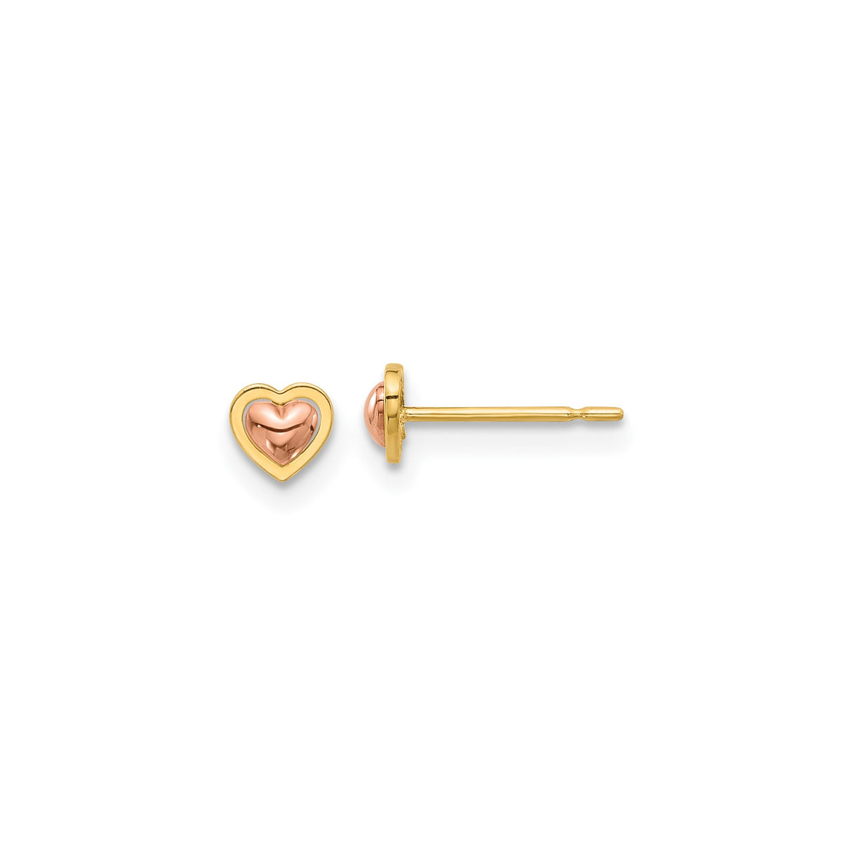 14k Yellow and Rose Gold Heart Stud Earrings, Two-Tone Petite Romantic Style for Women
