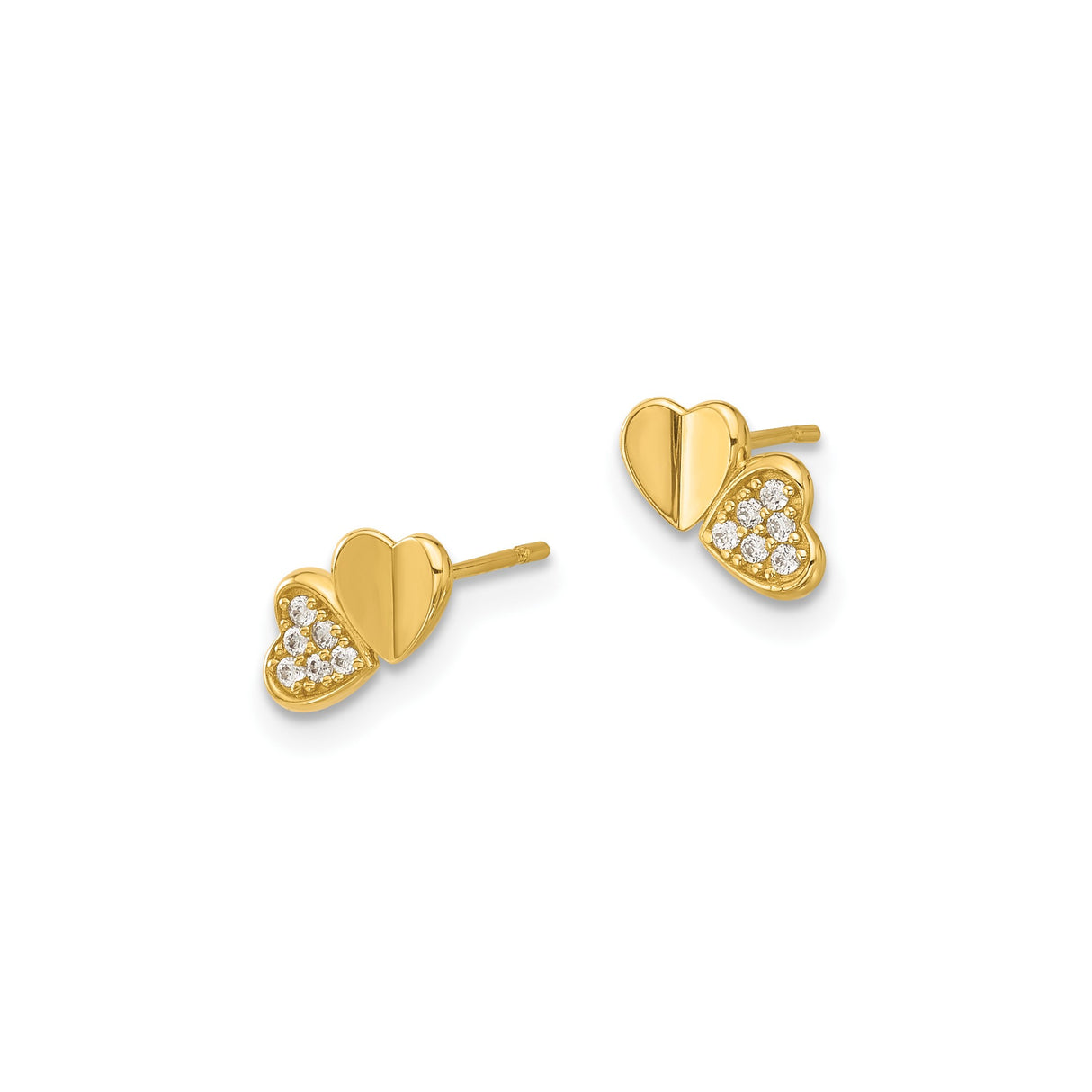 14k Yellow Gold Double Heart Stud Earrings with Cubic Zirconia and Diamond Cut Accents
