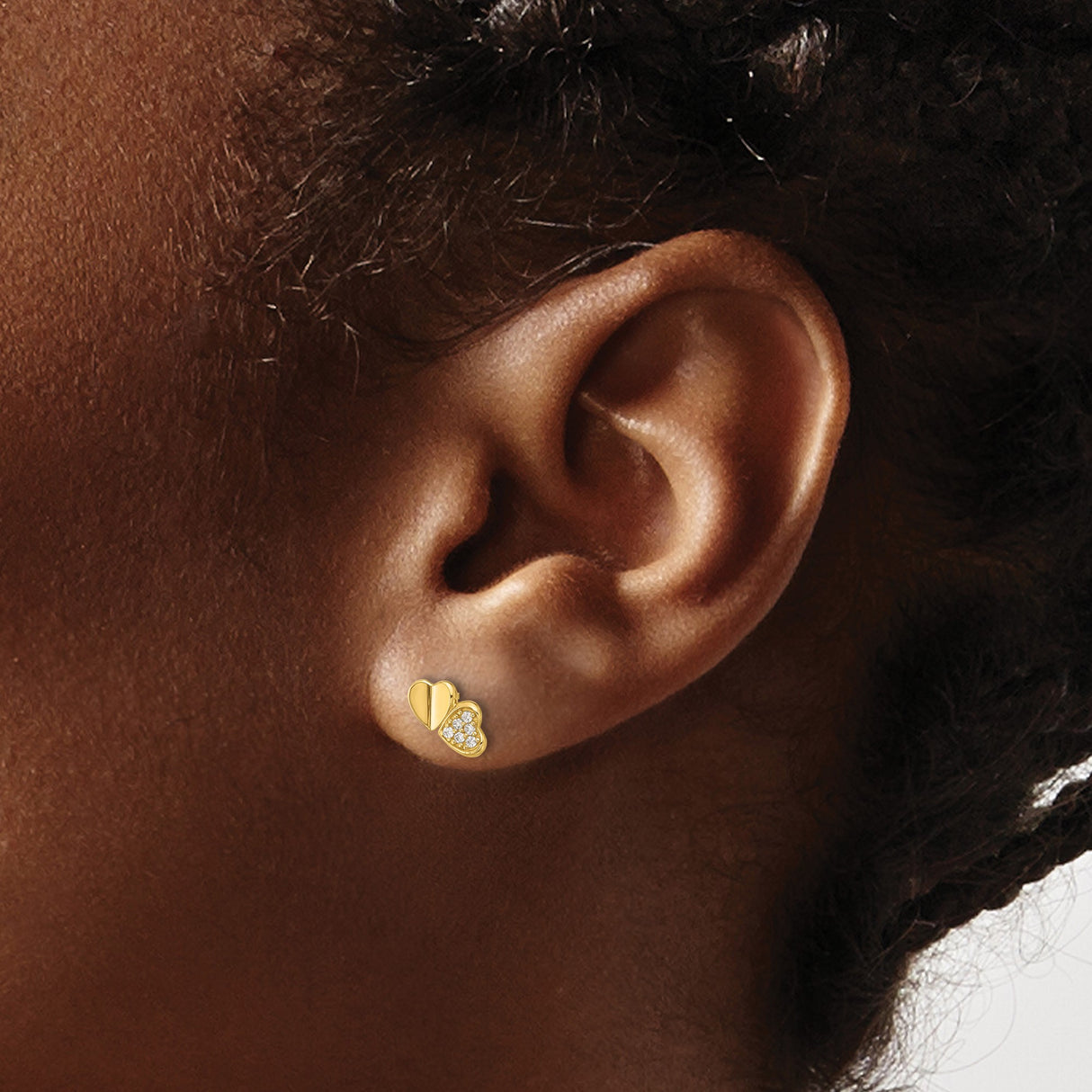 14k Yellow Gold Double Heart Stud Earrings with Cubic Zirconia and Diamond Cut Accents