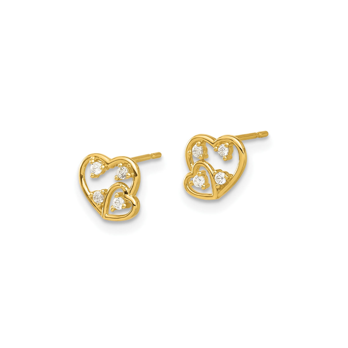 14k Yellow Gold Heart Stud Earrings with Cubic Zirconia, Open Double Heart Design for Women